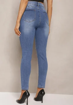Granatowe Dopasowane Jeansy Skinny z Efektem Push Up i Przedarciami Avotia
