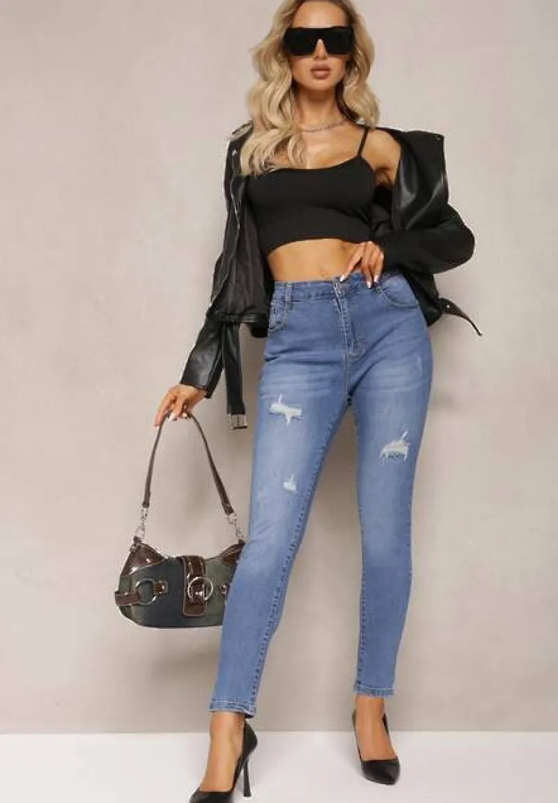 Granatowe Dopasowane Jeansy Skinny z Efektem Push Up i Przedarciami Avotia