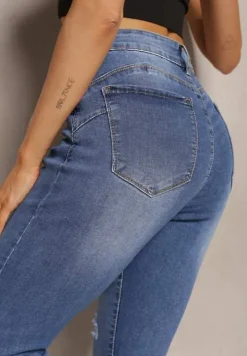 Granatowe Dopasowane Jeansy Skinny z Efektem Push Up i Przedarciami Avotia