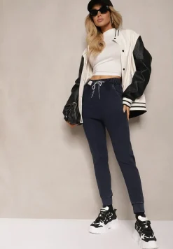 Granatowe Dresowe Spodnie Joggery z Bawełny z Gumką i Sznureczkiem w Talii Kaithira