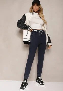 Granatowe Dresowe Spodnie Joggery z Bawełny z Gumką i Sznureczkiem w Talii Kaithira