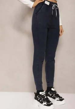 Granatowe Dresowe Spodnie Joggery z Bawełny z Gumką i Sznureczkiem w Talii Kaithira