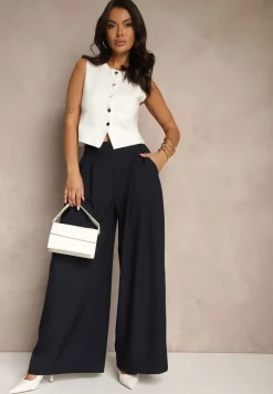 Granatowe Eleganckie Spodnie Palazzo z Szerokimi Nogawkami Adivisa