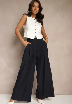 Granatowe Eleganckie Spodnie Palazzo z Szerokimi Nogawkami Adivisa