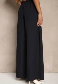 Granatowe Eleganckie Spodnie Palazzo z Szerokimi Nogawkami Adivisa
