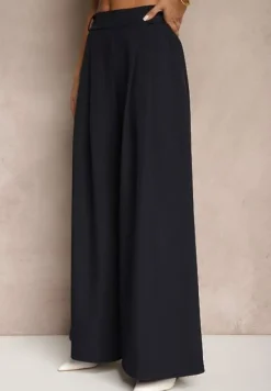 Granatowe Eleganckie Spodnie Palazzo z Szerokimi Nogawkami Adivisa