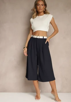 Granatowe Eleganckie Spodnie Typu Culottes Silunea