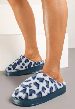 Granatowe Futrzane Płaskie Kapcie z Panterkowym Wzorem Remilaine