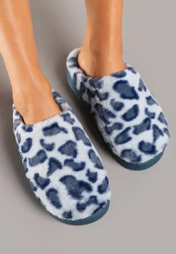 Granatowe Futrzane Płaskie Kapcie z Panterkowym Wzorem Remilaine