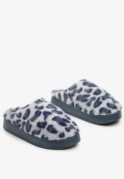 Granatowe Futrzane Płaskie Kapcie z Panterkowym Wzorem Remilaine