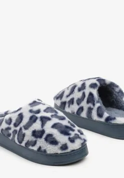 Granatowe Futrzane Płaskie Kapcie z Panterkowym Wzorem Remilaine