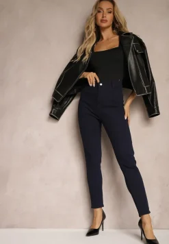 Granatowe Gładkie Spodnie o Kroju Slim Madysen