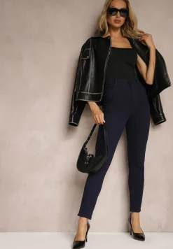 Granatowe Gładkie Spodnie o Kroju Slim Madysen