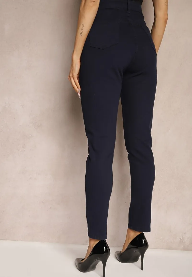 Granatowe Gładkie Spodnie o Kroju Slim Madysen