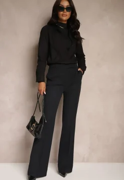 Granatowe Garniturowe Spodnie Dzwony z Wiskozą High Waist Gelobina