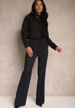 Granatowe Garniturowe Spodnie Dzwony z Wiskozą High Waist Gelobina