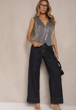 Granatowe Jeansy High Waist z Szeroką Nogawką Ulosetia