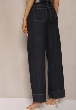 Granatowe Jeansy High Waist z Szeroką Nogawką Ulosetia