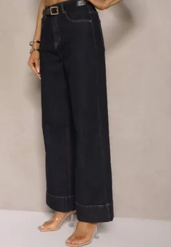 Granatowe Jeansy High Waist z Szeroką Nogawką Ulosetia