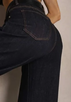 Granatowe Jeansy High Waist z Szeroką Nogawką Ulosetia