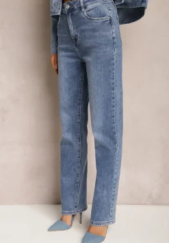 Granatowe Jeansy High Waist z Prostymi Nogawkami Azelie