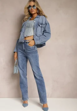 Granatowe Jeansy High Waist z Prostymi Nogawkami Azelie