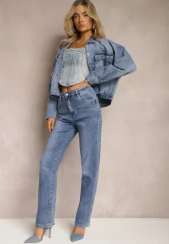 Granatowe Jeansy High Waist z Prostymi Nogawkami Azelie