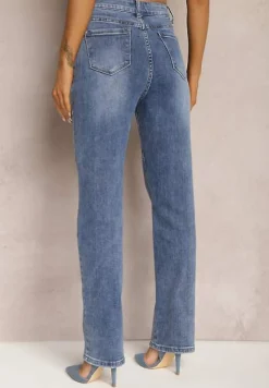 Granatowe Jeansy High Waist z Prostymi Nogawkami Azelie
