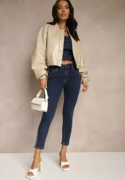 Granatowe Jeansy High Wiast z Cyrkoniami o Fasonie Slim Walinea