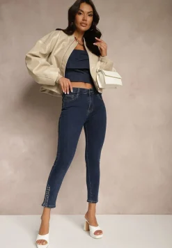 Granatowe Jeansy High Wiast z Cyrkoniami o Fasonie Slim Walinea