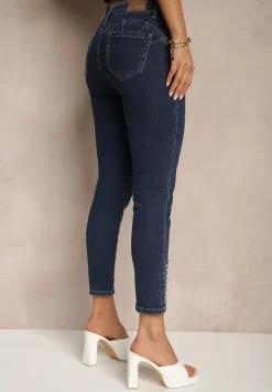 Granatowe Jeansy High Wiast z Cyrkoniami o Fasonie Slim Walinea