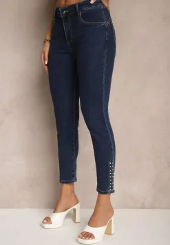 Granatowe Jeansy High Wiast z Cyrkoniami o Fasonie Slim Walinea