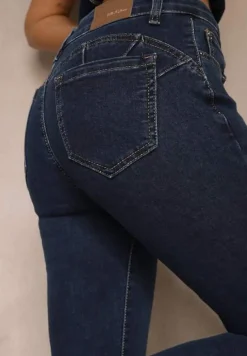 Granatowe Jeansy High Wiast z Cyrkoniami o Fasonie Slim Walinea