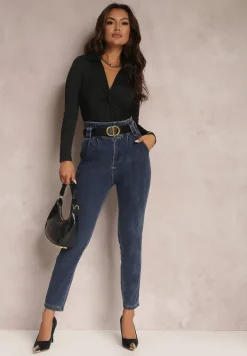 Granatowe Jeansy Mom Fit z Paskiem Astera