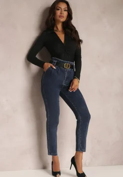 Granatowe Jeansy Mom Fit z Paskiem Astera