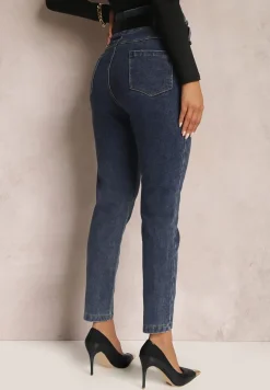Granatowe Jeansy Mom Fit z Paskiem Astera