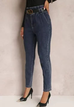 Granatowe Jeansy Mom Fit z Paskiem Astera