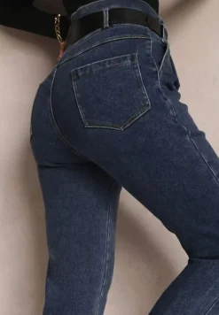 Granatowe Jeansy Mom Fit z Paskiem Astera