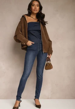 Granatowe Jeansy o Fasonie Slim z Bawełną ze Sznurkiem i Gumką w Talii Jalione