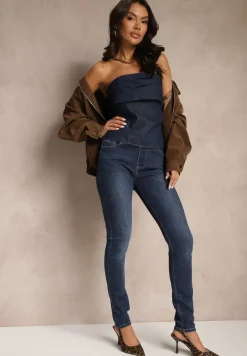 Granatowe Jeansy o Fasonie Slim z Bawełną ze Sznurkiem i Gumką w Talii Jalione