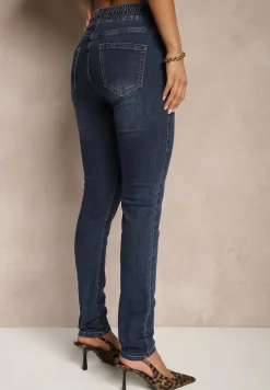 Granatowe Jeansy o Fasonie Slim z Bawełną ze Sznurkiem i Gumką w Talii Jalione