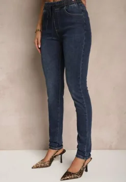 Granatowe Jeansy o Fasonie Slim z Bawełną ze Sznurkiem i Gumką w Talii Jalione