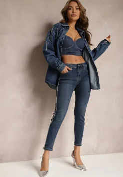 Granatowe Jeansy o Fasonie Skinny z Lampasami z Brokatu Qistella