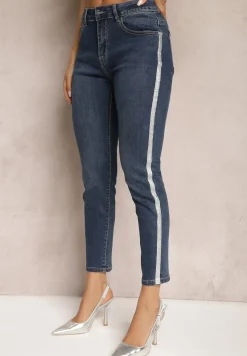 Granatowe Jeansy o Fasonie Skinny z Lampasami z Brokatu Qistella