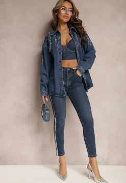 Granatowe Jeansy o Fasonie Skinny z Lampasami z Brokatu Qistella