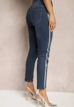 Granatowe Jeansy o Fasonie Skinny z Lampasami z Brokatu Qistella