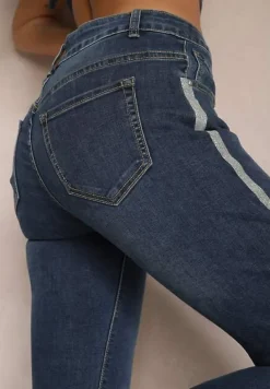 Granatowe Jeansy o Fasonie Skinny z Lampasami z Brokatu Qistella