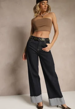 Granatowe Jeansy o Szerokim Kroju Ozdobione Podwiniętymi Nogawkami Natasara