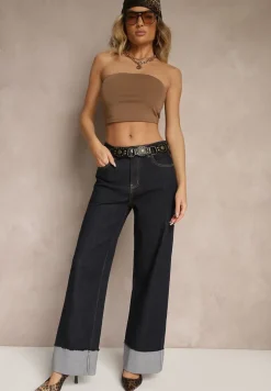 Granatowe Jeansy o Szerokim Kroju Ozdobione Podwiniętymi Nogawkami Natasara