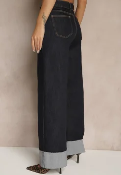 Granatowe Jeansy o Szerokim Kroju Ozdobione Podwiniętymi Nogawkami Natasara